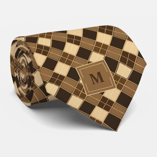 Bruin Retro Argyle Monogrammed Stropdas (Opgerold)