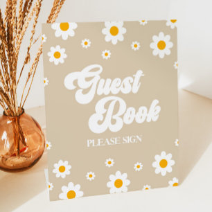 Bruin Retro Daisy Bloem Gast Boek Party Sign Reclamebord Met Voetstuk