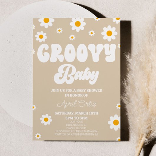 Bruin Retro Daisy Flower Groovy Baby Baby shower Kaart