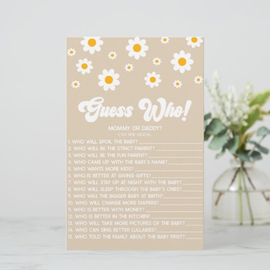 Bruin Retro Daisy Raad eens wie! Baby shower spel Briefpapier (Staand voorkant)