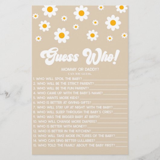 Bruin Retro Daisy Raad eens wie! Baby shower spel Briefpapier (Voorkant)