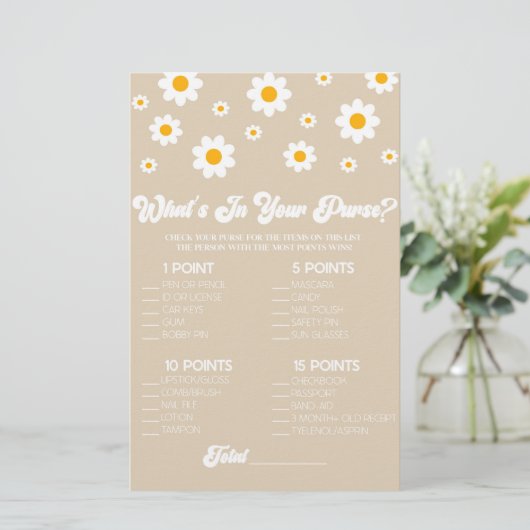 Bruin Retro Daisy Wat is in Purse Baby shower spel Briefpapier (Staand voorkant)