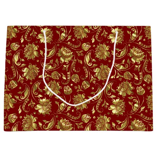 Bruin-rood en glanzend goudDamaspatroon Groot Cadeauzakje (Voorkant)
