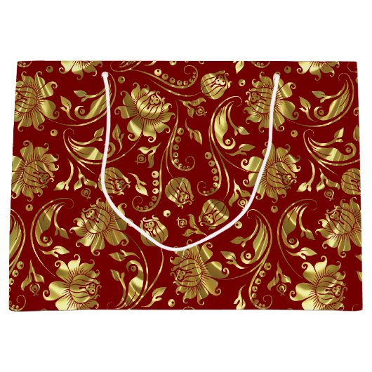 Bruin-rood en glanzend goudDamaspatroon Groot Cadeauzakje (Voorkant)