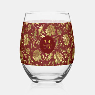 Bruin Rood en Goud Bloemen Damast Monogram Wijnglas Zonder Voet