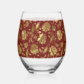 Bruin Rood en Goud Bloemen Damast Monogram Wijnglas Zonder Voet (Links)