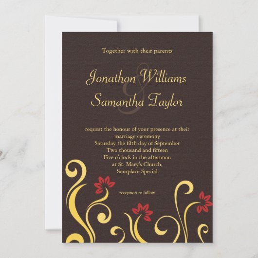 Bruin Rood Geel Bloemen Swirls Bruiloft Nodigt 7x5 Kaart (Achterkant)