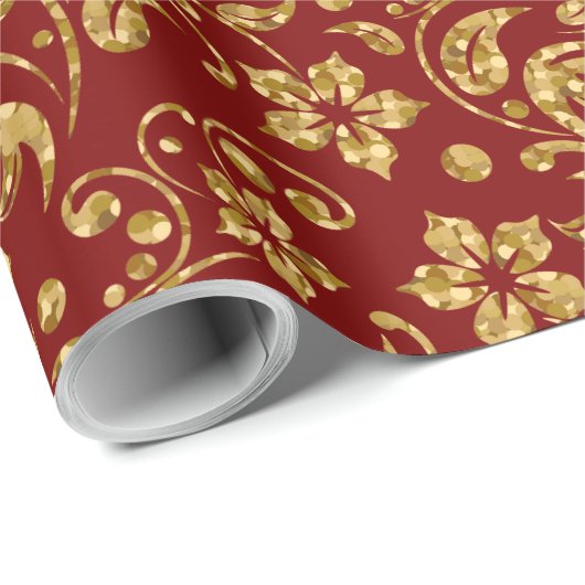 Bruin-rood & glanzend gouden damast bloemmotief cadeaupapier (Rol Hoek)