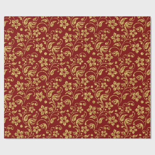 Bruin-rood & glanzend gouden damast bloemmotief cadeaupapier (Vlak)