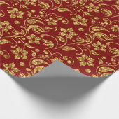 Bruin-rood & glanzend gouden damast bloemmotief cadeaupapier (Hoek)