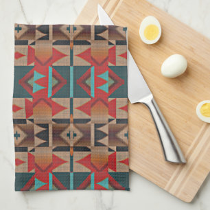 Bruin Rood Sinaasappel Blauwgroen Blauw Tribal Art Theedoek