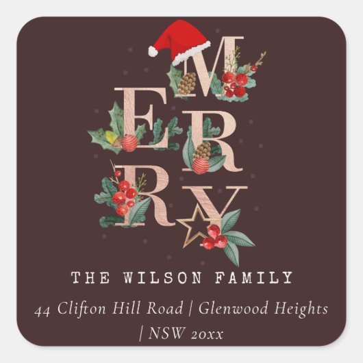 Bruin Roos Gold Merry-kerstval Adres Vierkante Sticker (Voorkant)