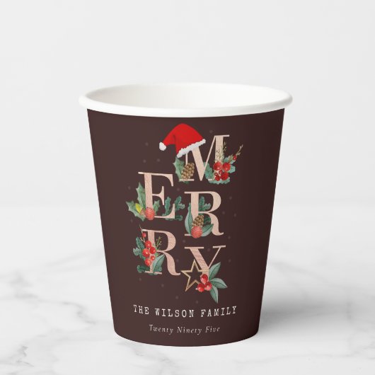 Bruin Roos Gold Red Green Merry-kerstavond Papieren Bekers (Voorkant)