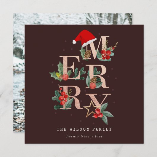 Bruin Roos Gold Red Merry-kerstfeest Foto Feestdagenkaart (Voorkant / Achterkant)