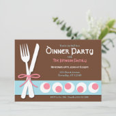 Bruin Roze & Blauw - Vork & Mes Diner uitnodiging (Staand voorkant)