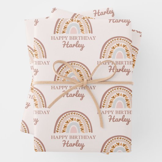 Bruin roze boho regenboog Aangepaste naam Birthday Inpakpapier Vel (In situ)