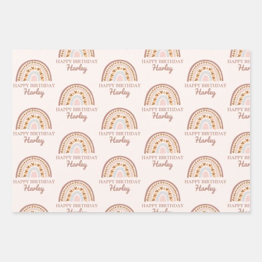 Bruin roze boho regenboog Aangepaste naam Birthday Inpakpapier Vel (Voorkant)
