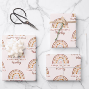 Bruin roze boho regenboog Aangepaste naam Birthday Inpakpapier Vel