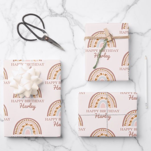 Bruin roze boho regenboog Aangepaste naam Birthday Inpakpapier Vel (Voorkant)