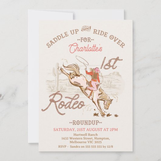 Bruin Roze Cowgirl Eerste Rodeo 1e Verjaardag Kaart (Voorkant)