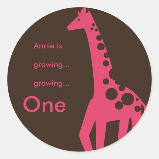 Bruin & Roze Giraffe Verjaardag Ronde Sticker (Voorkant)