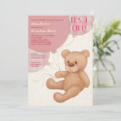 Bruin Roze Meisjes Teddy Bear Baby shower Kaart (Staand voorkant)