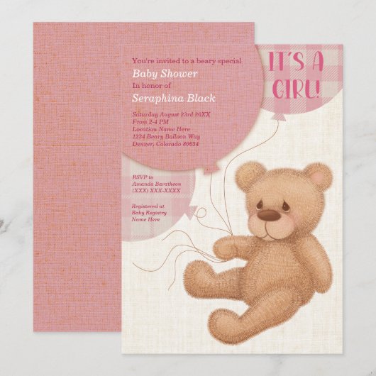 Bruin Roze Meisjes Teddy Bear Baby shower Kaart (Voorkant / Achterkant)