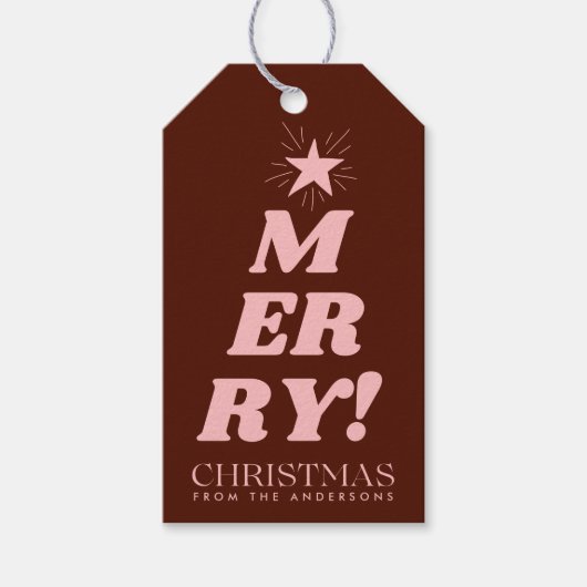 Bruin & Roze Modern Vrolijk Kerstfeest Cadeaulabel (Voorkant)