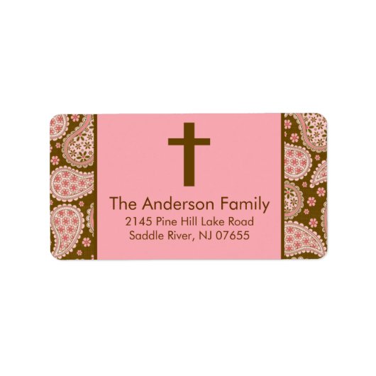 Bruin & Roze Paisley Cross Religieuze adres Etiket (Voorkant)