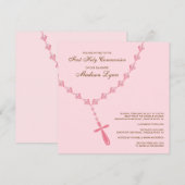 Bruin Roze Rosary Eerste Heilige Communieuitnodigi Kaart (Voorkant / Achterkant)