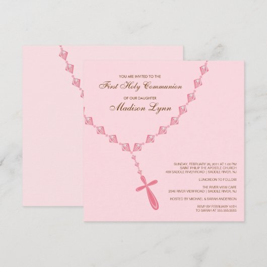 Bruin Roze Rosary Eerste Heilige Communieuitnodigi Kaart (Voorkant / Achterkant)
