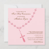 Bruin Roze Rosary Eerste Heilige Communieuitnodigi Kaart (Voorkant)