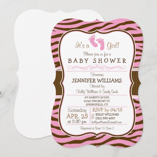 Bruin, Roze Zebra Stripes Baby shower Kaart (Voorkant / Achterkant)