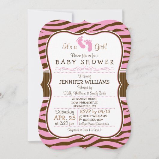 Bruin, Roze Zebra Stripes Baby shower Kaart (Voorkant)