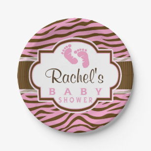 Bruin, Roze Zebra Stripes Baby shower Papieren Bordje