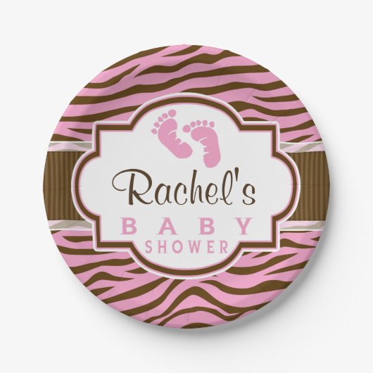 Bruin, Roze Zebra Stripes Baby shower Papieren Bordje (Voorkant)