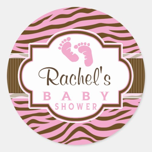 Bruin, Roze Zebra Stripes Baby shower Ronde Sticker (Voorkant)