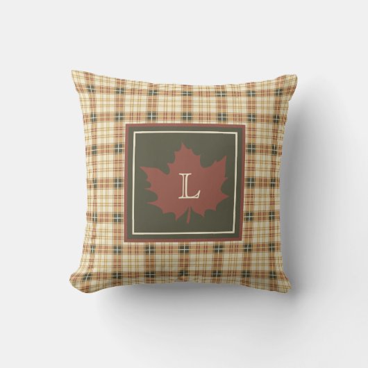Bruin ruitpatroon herfst esdoornblad monogram kussen (Voorkant)