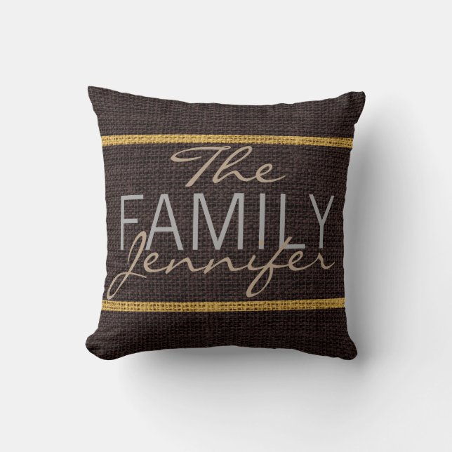 Bruin Rustic Burlap Monogram Kussen (Voorkant)