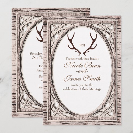 Bruin Rustic Deer Antlers White Wood Uitnodiging (Voorkant / Achterkant)