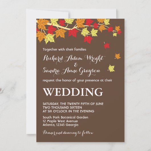 Bruin Rustic Maple Leaves Fall Wedding Invitation Kaart (Voorkant)