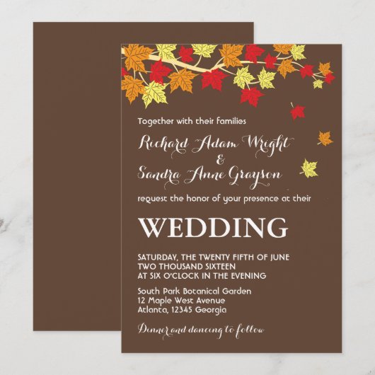 Bruin Rustic Maple Leaves Fall Wedding Invitation Kaart (Voorkant / Achterkant)