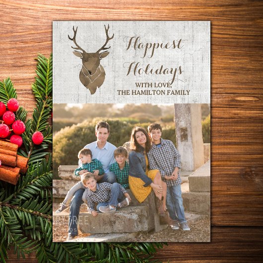 Bruin Rustic Waterverf Deer Holiday Foto Flat Feestdagenkaart
