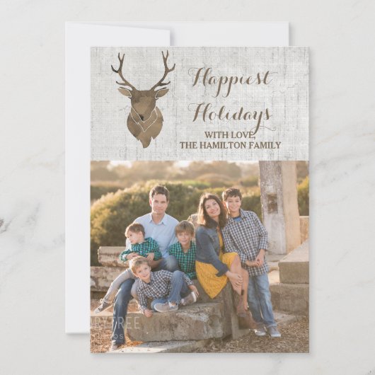 Bruin Rustic Waterverf Deer Holiday Foto Flat Feestdagenkaart (Voorkant)