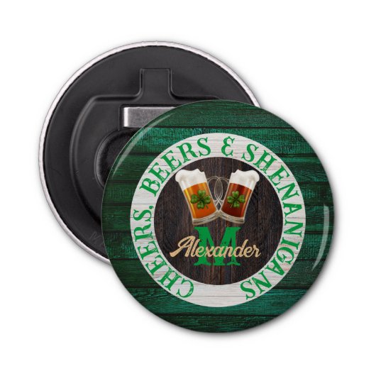 Bruin Rustic Wood Cheers Beers Shenanigans Button Flesopener (Voorkant)