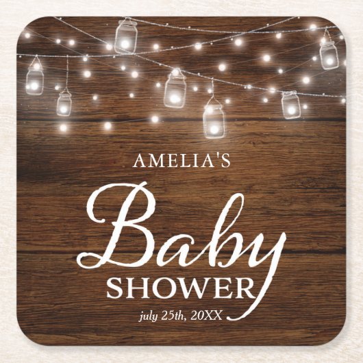 Bruin Rustic Wood Mason Jars Lights Baby shower Kartonnen Onderzetters (Voorkant)