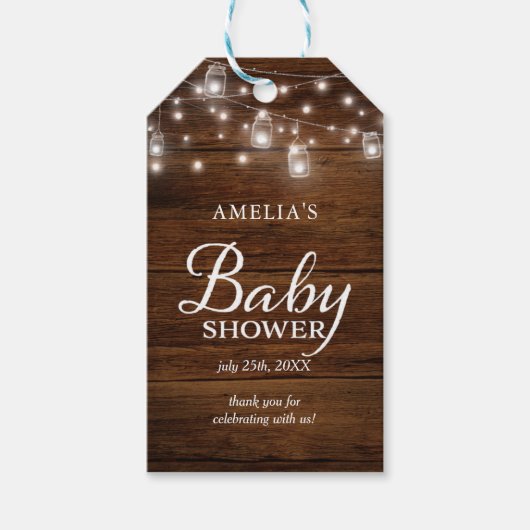 Bruin Rustiek Hout Mason Jars Lights Baby shower Cadeaulabel (Voorkant)