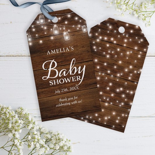 Bruin Rustiek Hout Mason Jars Lights Baby shower Cadeaulabel