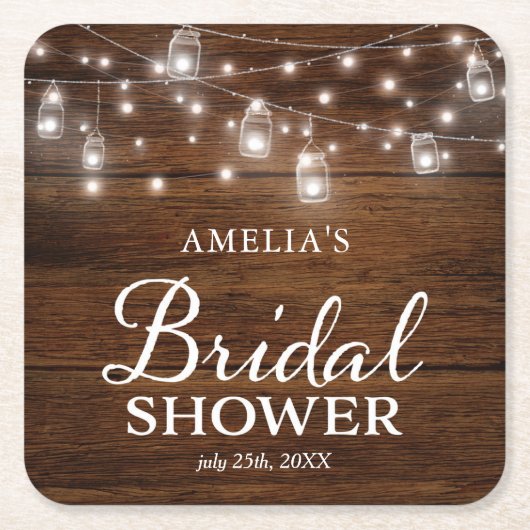 Bruin Rustiek Hout Mason Jars Lights Vrijgezellenf Kartonnen Onderzetters (Voorkant)