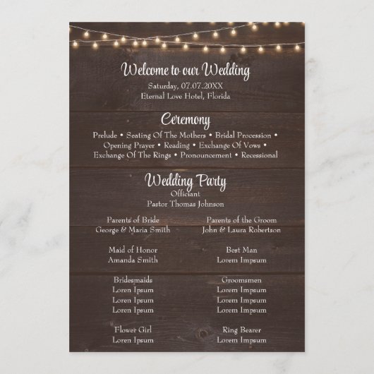 Bruin rustiek houten string licht bruiloft program programmakaart (Achterkant)